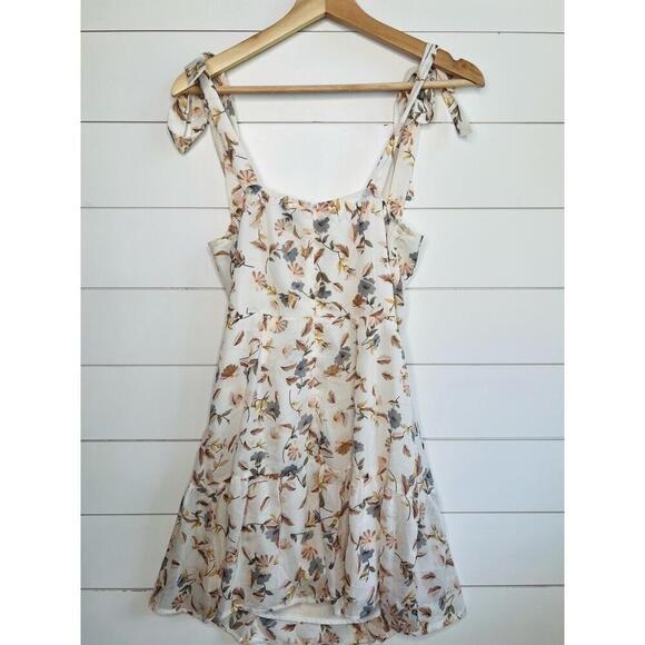 Polly Ivory Floral Print Tie Shoulder Ruffled Hem Sleeveless Mini Dress Size 6 - Picture 3 of 12